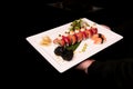 Rainbow Sushi Roll.Sushi menu. Japanese food. Top view of assorted sushi Royalty Free Stock Photo