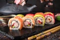 Rainbow Sushi Roll with salmon, eel, tuna, avocado, royal prawn, cream cheese Philadelphia, caviar tobica, chuka.