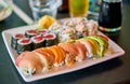 Rainbow sushi roll on table