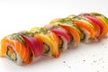 Rainbow sushi rolls with salmon and avocado on white background. Japanese food. AI Generated Royalty Free Stock Photo