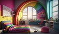 Rainbow themed bedroom with beautiful view. Interior design illustration. Generative AI. Royalty Free Stock Photo