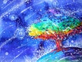 Rainbow tree color colorful watercolor painting blue night illustration