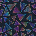 Rainbow triangles with neon lines. Seamless pattern Royalty Free Stock Photo