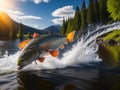 rainbow trout fish jumping out of river water. ai generative Royalty Free Stock Photo