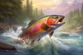 Rainbow trout fish jumping out of river water made.illustration. Ai generative Royalty Free Stock Photo