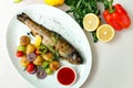 Rainbow trout with grilled vegetables and citrus sauce Royalty Free Stock Photo