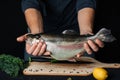 rainbow trout in the hands of a male chef in the background of kitchen. Fresh raw fish