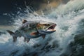 Rainbow trout jumping out of the water. 3d illustration. Action shot of a salmon jumping out of the water in a clear stream, AI Royalty Free Stock Photo