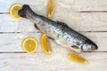 Rainbow trout over sea salt with pieces of lemon over Mediterranean wooden background