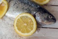 Rainbow trout over sea salt with pieces of lemon over Mediterranean wooden background