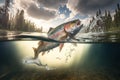 Rainbow trout splashing in the river, fishing. Fish spawning season, trout jumping out of the water Royalty Free Stock Photo