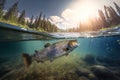 Rainbow trout splashing in the river, fishing. Fish spawning season, trout jumping out of the water Royalty Free Stock Photo