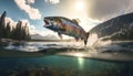 Rainbow trout splashing in the river, fishing. Fish spawning season, trout jumping out of the water Royalty Free Stock Photo