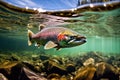 A rainbow trout swims underwater in a tropical lake