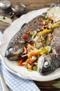 Rainbow trouts with cut vegetables Royalty Free Stock Photo