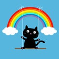 Rainbow two clouds in the sky and cat on swing. Dash line. Love card. Royalty Free Stock Photo