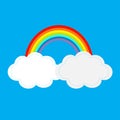 Rainbow and two clouds in the sky. Dash line cloudshape. Love card. LGBT sign symbol. Flat design. Blue background.