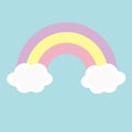 Rainbow and two clouds in the sky. Love magic card. Blue sky background. Pastel colors backdrop. Flat design.