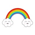 Rainbow and two contour clouds. Smiling face emotion. Cute cartoon kawaii character. LGBT sign symbol. Flat design. White backgrou