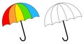 Rainbow umbrella colorful and black and white. Coloring book page for children. Colored and outline vector illustration isolated