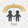 Rainbow umbrella, heart rain. Gay marriage Pride symbol Two man silhouette LGBT icon. Love. Flat design style. Royalty Free Stock Photo