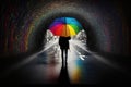 rainbow umbrella in the rain outside of cafe, with steamy cup of coffee and pastry in hand Royalty Free Stock Photo