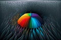 A rainbow umbrella surrounded by a sea of colorfully tipped tentacles.