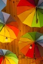 Rainbow umbrellas under the ceiling Royalty Free Stock Photo