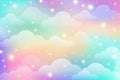 Rainbow unicorn background with clouds and stars. Pastel color sky. Magical landscape, abstract fabulous pattern. Cute Royalty Free Stock Photo