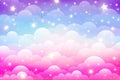 Rainbow unicorn background with clouds and stars. Pastel color sky. Magical landscape, abstract fabulous pattern. Cute Royalty Free Stock Photo