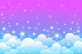Rainbow unicorn background with clouds and stars. Pastel color sky. Magical landscape, abstract fabulous pattern. Cute Royalty Free Stock Photo