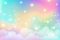 Rainbow unicorn background with clouds and stars. Pastel color sky. Magical landscape, abstract fabulous pattern. Cute Royalty Free Stock Photo