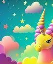 Rainbow unicorn background with clouds and stars. Pastel color sky. Magical landscape, abstract fabulous pattern. Cute candy Royalty Free Stock Photo