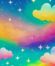 Rainbow unicorn background with clouds and stars. Pastel color sky. Magical landscape, abstract fabulous pattern. Cute candy Royalty Free Stock Photo