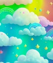 Rainbow unicorn background with clouds and stars. Pastel color sky. Magical landscape, abstract fabulous pattern. Cute candy Royalty Free Stock Photo