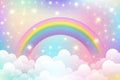 Rainbow unicorn background. Fantasy cloudy pink sky. Cute pastel vector scene with candy colors. Magic princess