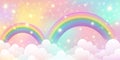 Rainbow unicorn background. Fantasy cloudy pink sky. Cute pastel vector scene with candy colors. Magic princess