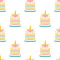 Rainbow Unicorn Cake Pattern. Cute hand drawn vector seamless illustration