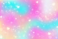 Rainbow unicorn fantasy background with stars and hearts. Holographic illustration in pastel colors. Bright multicolored Royalty Free Stock Photo