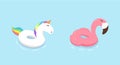 Rainbow unicorn and flamingo float rings. Vector flat hand drawn doodle illustrations. Summer, holidays, vacation beach and pool