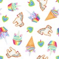 Seamless pattern with unicorns cupcakes