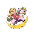 Rainbow Unicorn. Girl Riding on a Rocking Horse. Happy Kid Playing with Magic Wand Toy