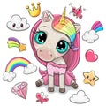 Rainbow unicorn girl and set of cute design elements Royalty Free Stock Photo