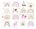 Rainbow with unicorn kid`s cliparts vector set