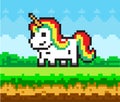 Rainbow unicorn pixel art in nature landscape background, fairytale character horse in meadow Royalty Free Stock Photo