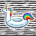 Rainbow Unicorn swim ring. Pool float. Inflatable white unicorn. Swimming circle. Summer print, sticker, badge, fashion