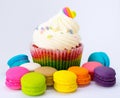 Rainbow Valentines Cupcake with macaron Royalty Free Stock Photo