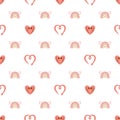 Rainbow Valentines day pink background. Pink rainbows, snake, boho heart samless pattern. Wedding romantic wallpaper