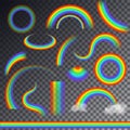 Rainbow vector colorful bowed arc in raining sky multicolored cartoon arch or bow spectrum of colors with rainy clouds