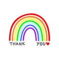 Rainbow vector with Thank You text on a white background, in a childlike naive style